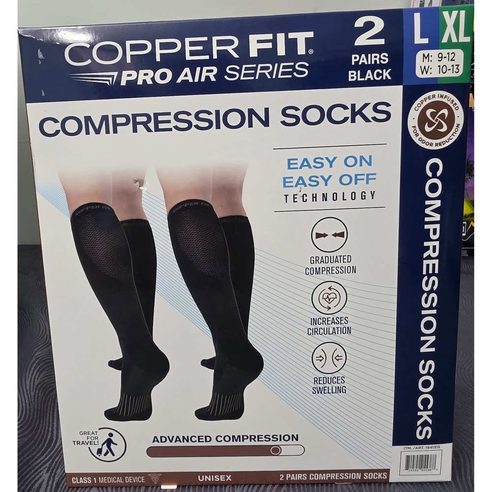Copper Fit Compression Socks Unisex L/XL Black Pro Air Series 4 Pairs Total